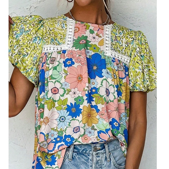 Boho Floral Print Lace Puff Sleeve Loose Fit Blouse - Picture 4 of 8